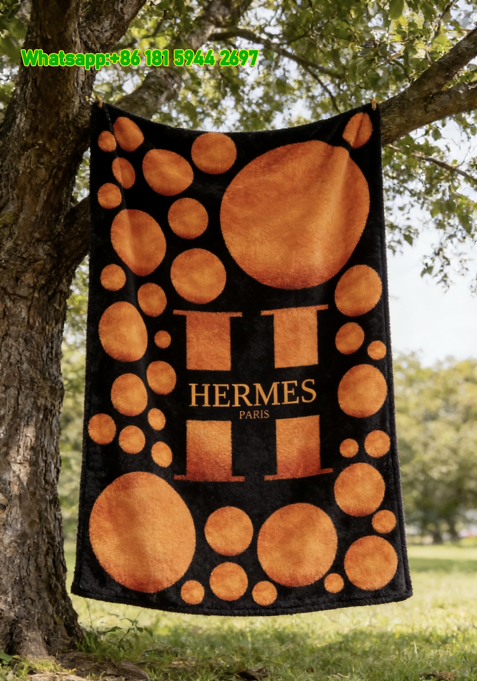 Hermès Orange & Gold Foil Flannel Fleece Throw Blanket IMG_4989